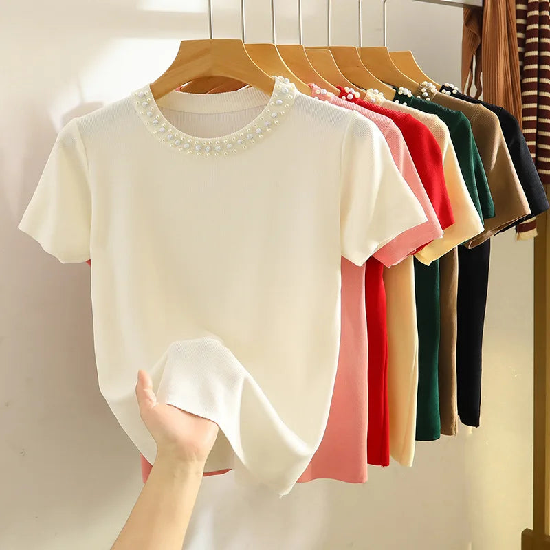 Summer Womens Ice Silk Knit T-Shirt - Short Sleeve Round Neck Pullover Tee - ZOOMNSTORE