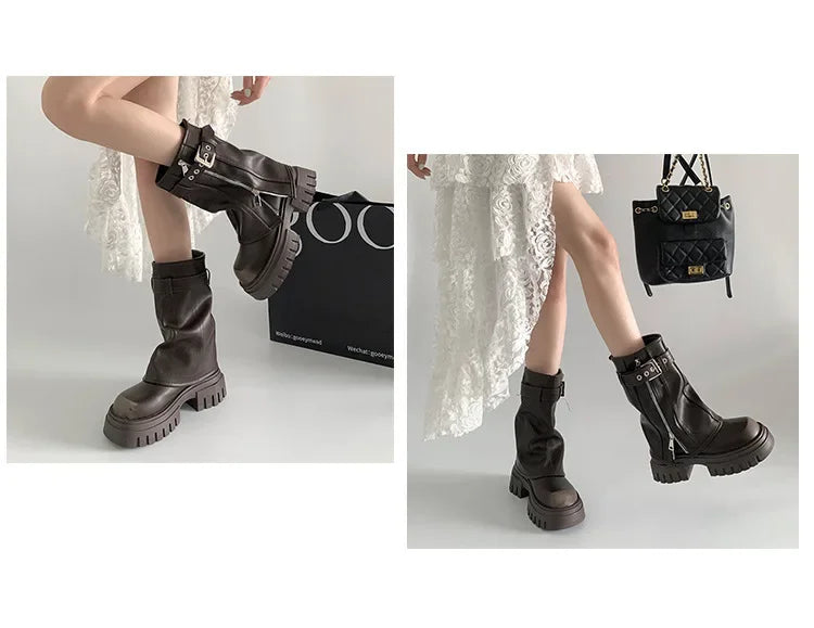 Women Biker Boots - Winter Knee High Booties With Fashion Belt Buckle & Square Heel - ZOOMNSTORE