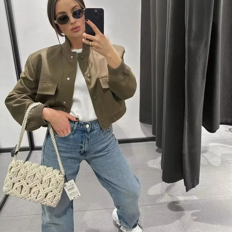 MUJER Women's Bomber Jacket Women Autumn Cropped Jacket For Women 2025 Long Sleeve Aviator Jackets Woman Fashion Short Coats - ZOOMNSTORE