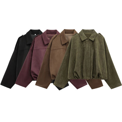 Womens Suede Bomber Jacket - Cropped Long Sleeve Zipper Coat - ZOOMNSTORE