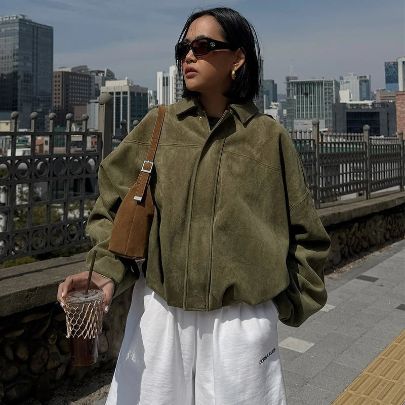 Womens Suede Bomber Jacket - Cropped Long Sleeve Zipper Coat - ZOOMNSTORE
