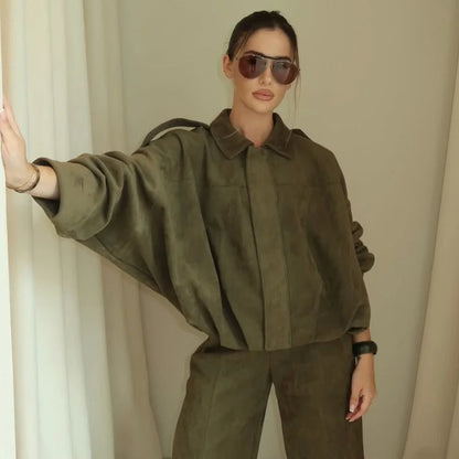 Womens Suede Bomber Jacket - Cropped Long Sleeve Zipper Coat - ZOOMNSTORE