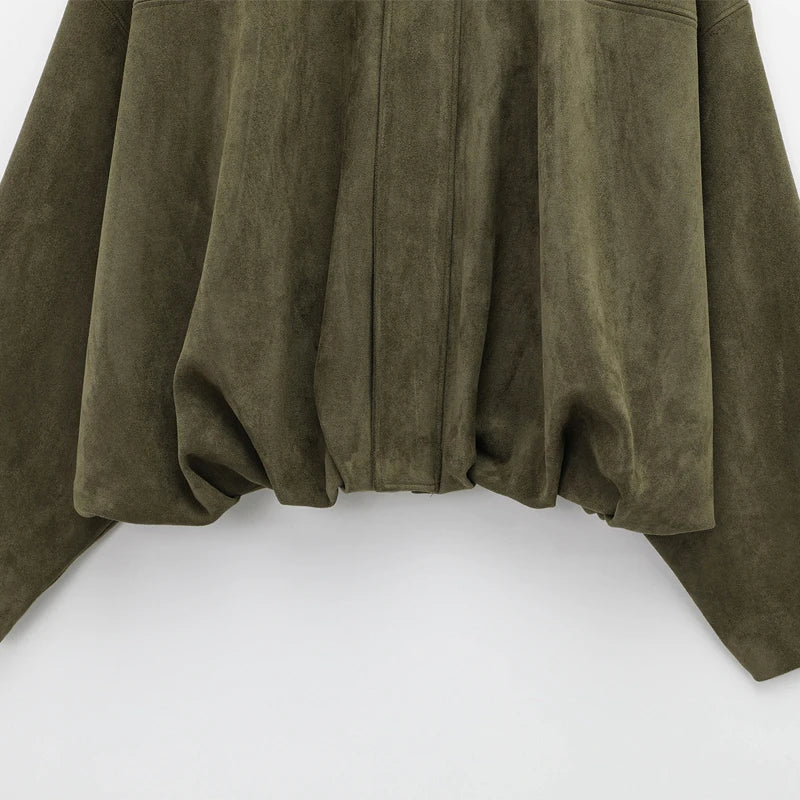 Womens Suede Bomber Jacket - Cropped Long Sleeve Zipper Coat - ZOOMNSTORE