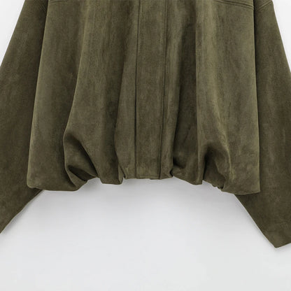 Womens Suede Bomber Jacket - Cropped Long Sleeve Zipper Coat - ZOOMNSTORE