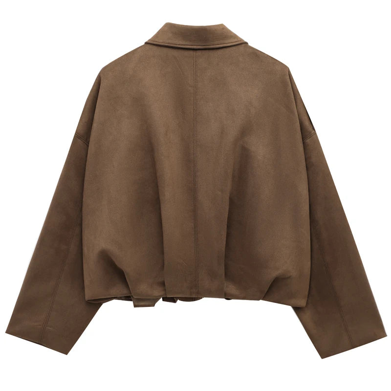 Womens Suede Bomber Jacket - Cropped Long Sleeve Zipper Coat - ZOOMNSTORE