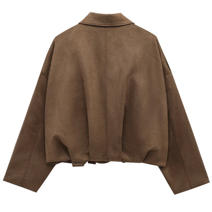 Womens Suede Bomber Jacket - Cropped Long Sleeve Zipper Coat - ZOOMNSTORE