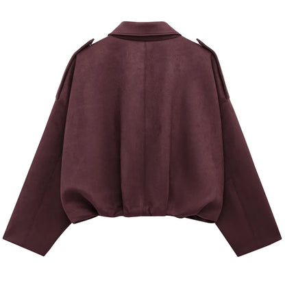 Womens Suede Bomber Jacket - Cropped Long Sleeve Zipper Coat - ZOOMNSTORE
