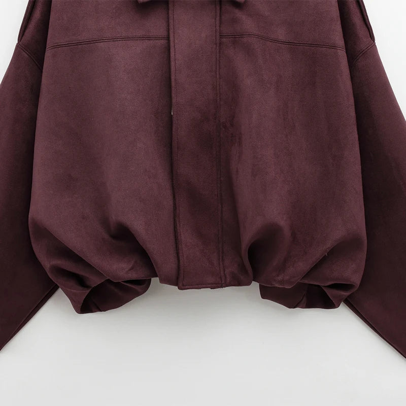 Womens Suede Bomber Jacket - Cropped Long Sleeve Zipper Coat - ZOOMNSTORE