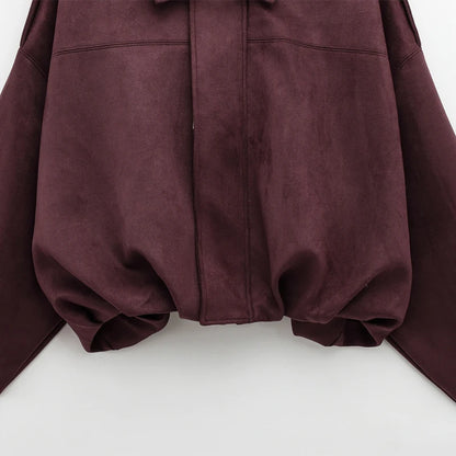 Womens Suede Bomber Jacket - Cropped Long Sleeve Zipper Coat - ZOOMNSTORE