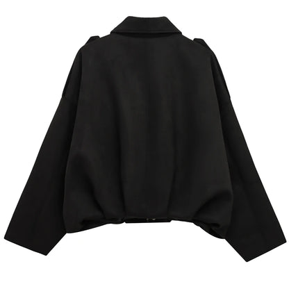 Womens Suede Bomber Jacket - Cropped Long Sleeve Zipper Coat - ZOOMNSTORE