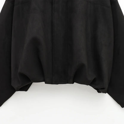 Womens Suede Bomber Jacket - Cropped Long Sleeve Zipper Coat - ZOOMNSTORE