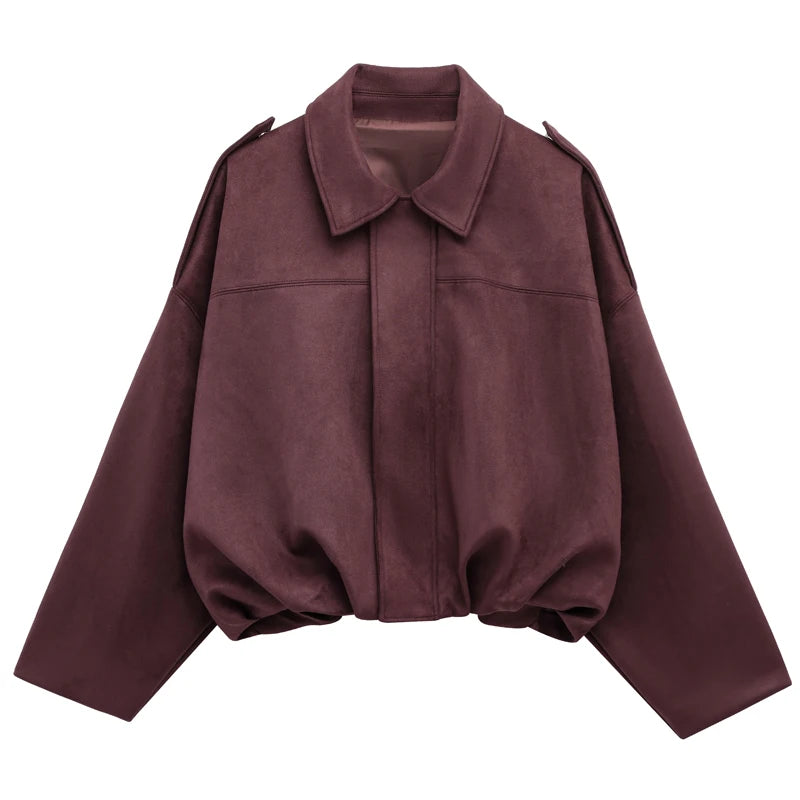 Womens Suede Bomber Jacket - Cropped Long Sleeve Zipper Coat - ZOOMNSTORE