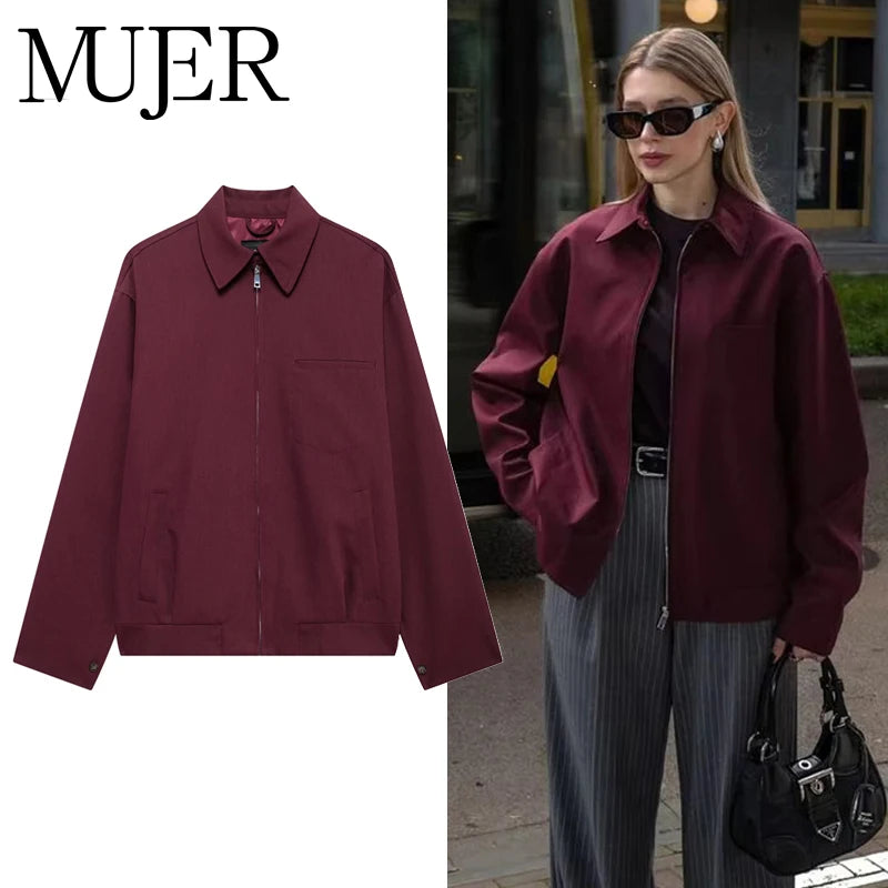 MUJER Zipper Bomber Jackets for Women Fall Outerwears Overcoat Female Long Sleeve Loose Jacket Women Coats Retro Women's Jacket - ZOOMNSTORE