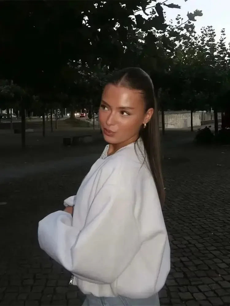 Retro Bomber Jacket - Womens Autumn Winter Coat with Zipper and Long Sleeves - ZOOMNSTORE