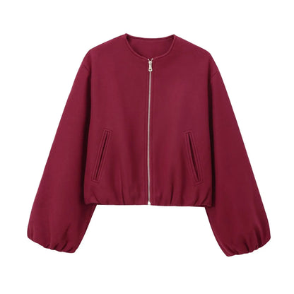Retro Bomber Jacket - Womens Autumn Winter Coat with Zipper and Long Sleeves - ZOOMNSTORE