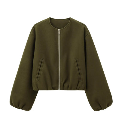 Retro Bomber Jacket - Womens Autumn Winter Coat with Zipper and Long Sleeves - ZOOMNSTORE