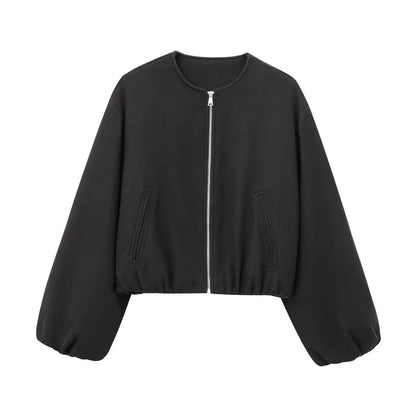 Retro Bomber Jacket - Womens Autumn Winter Coat with Zipper and Long Sleeves - ZOOMNSTORE