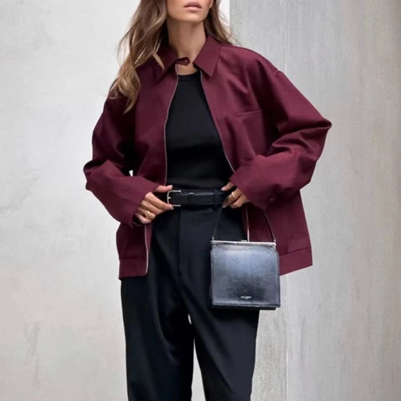 Retro Zipper Bomber Jacket for Women - Fall Loose Outerwear - ZOOMNSTORE