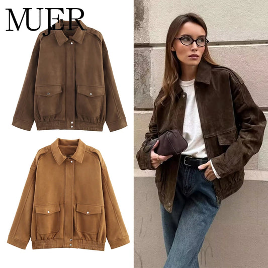 Womens Suede Bomber Jacket - Stylish Streetwear Outerwear - ZOOMNSTORE