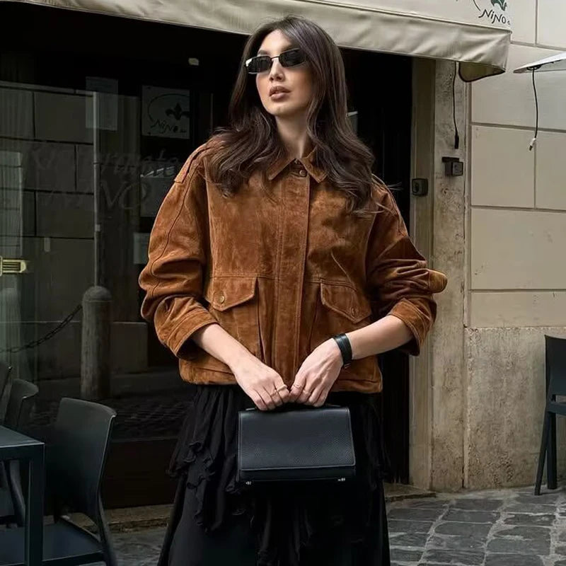 Womens Suede Bomber Jacket - Stylish Streetwear Outerwear - ZOOMNSTORE