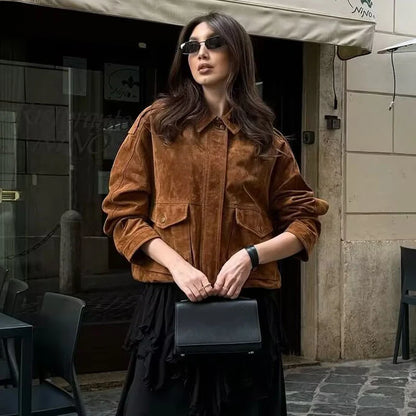 Womens Suede Bomber Jacket - Stylish Streetwear Outerwear - ZOOMNSTORE