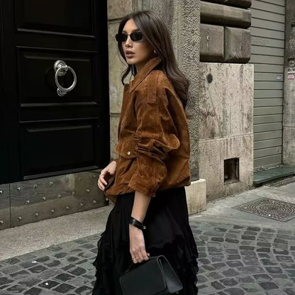 Womens Suede Bomber Jacket - Stylish Streetwear Outerwear - ZOOMNSTORE