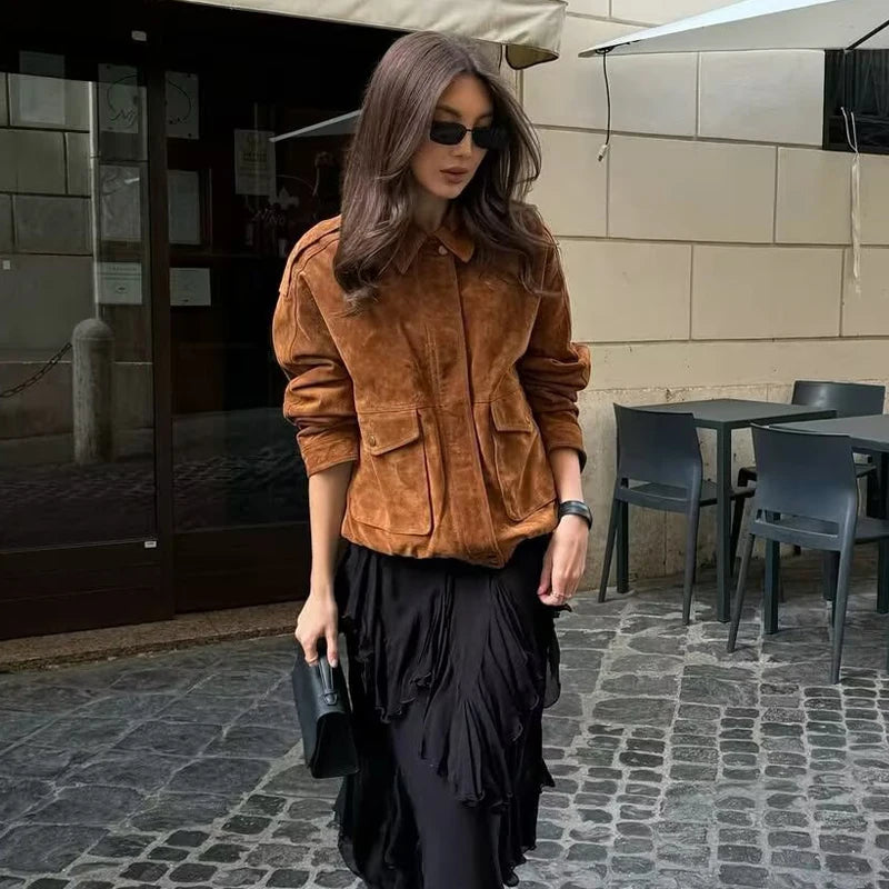 Womens Suede Bomber Jacket - Stylish Streetwear Outerwear - ZOOMNSTORE