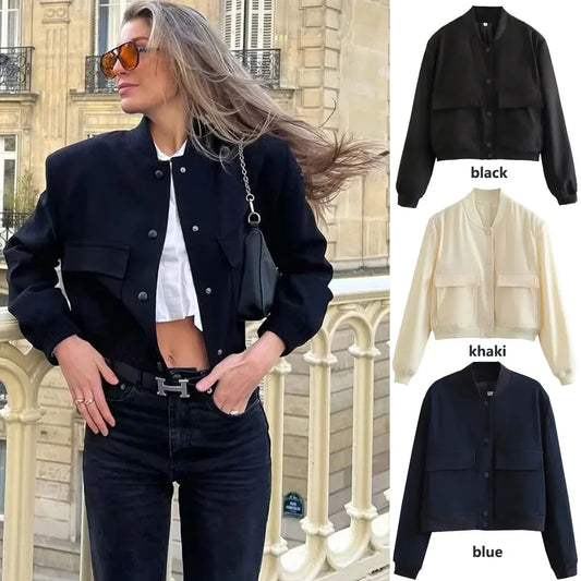 1PCS Woman Bomber Jacket Coat White Autumn Winter Button Baseball Aviator Cropped Jackets for Women Long Sleeve Crop Outerwear - ZOOMNSTORE