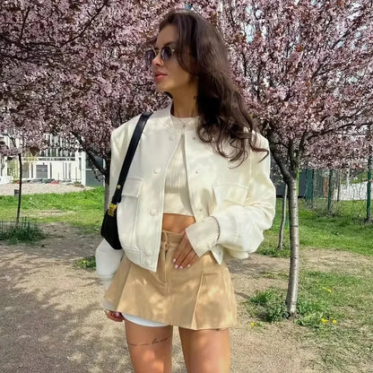 1PCS Woman Bomber Jacket Coat White Autumn Winter Button Baseball Aviator Cropped Jackets for Women Long Sleeve Crop Outerwear - ZOOMNSTORE