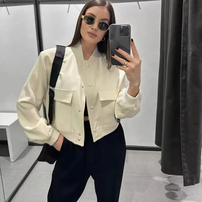 1PCS Woman Bomber Jacket Coat White Autumn Winter Button Baseball Aviator Cropped Jackets for Women Long Sleeve Crop Outerwear - ZOOMNSTORE