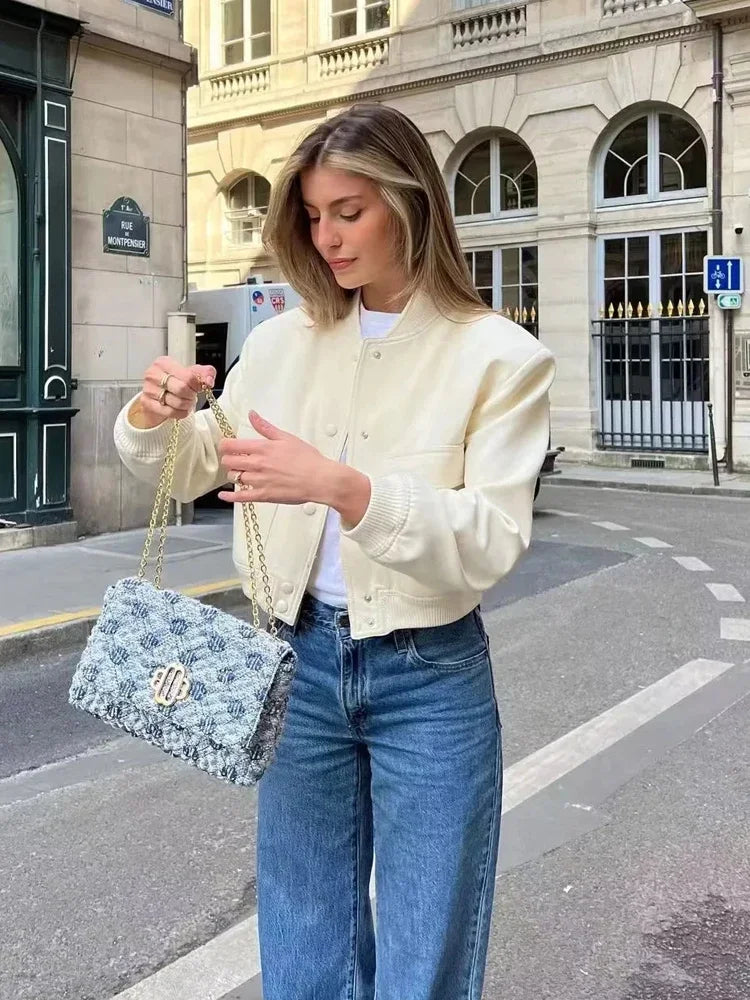 1PCS Woman Bomber Jacket Coat White Autumn Winter Button Baseball Aviator Cropped Jackets for Women Long Sleeve Crop Outerwear - ZOOMNSTORE