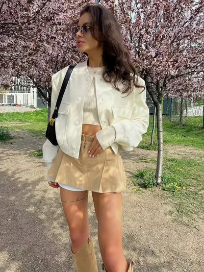 1PCS Woman Bomber Jacket Coat White Autumn Winter Button Baseball Aviator Cropped Jackets for Women Long Sleeve Crop Outerwear - ZOOMNSTORE