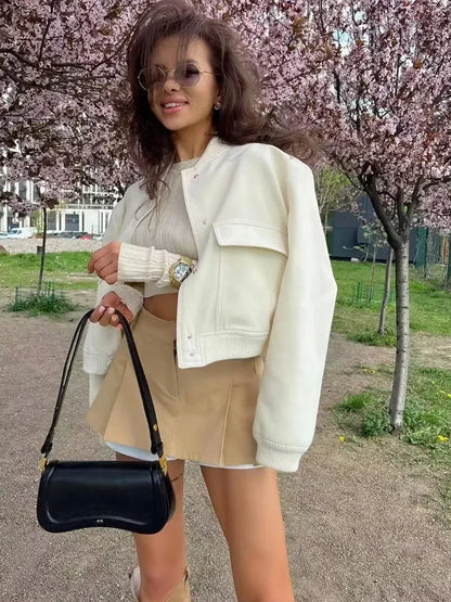 1PCS Woman Bomber Jacket Coat White Autumn Winter Button Baseball Aviator Cropped Jackets for Women Long Sleeve Crop Outerwear - ZOOMNSTORE