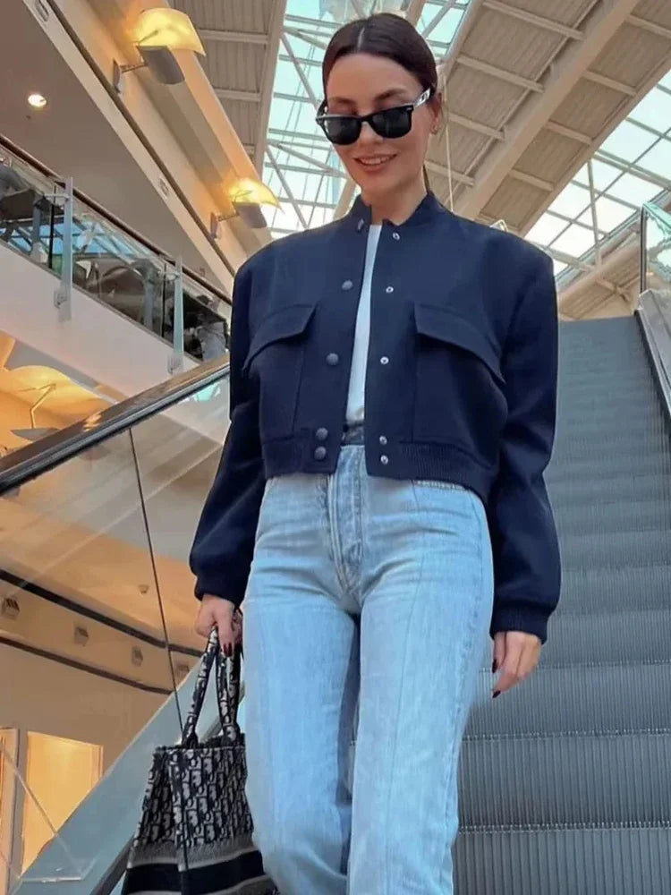 1PCS Woman Bomber Jacket Coat White Autumn Winter Button Baseball Aviator Cropped Jackets for Women Long Sleeve Crop Outerwear - ZOOMNSTORE