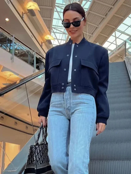 1PCS Woman Bomber Jacket Coat White Autumn Winter Button Baseball Aviator Cropped Jackets for Women Long Sleeve Crop Outerwear - ZOOMNSTORE