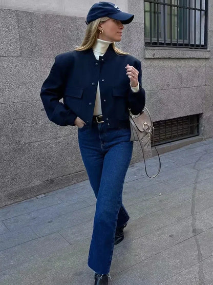 1PCS Woman Bomber Jacket Coat White Autumn Winter Button Baseball Aviator Cropped Jackets for Women Long Sleeve Crop Outerwear - ZOOMNSTORE