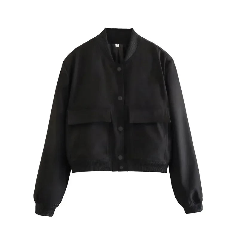 1PCS Woman Bomber Jacket Coat White Autumn Winter Button Baseball Aviator Cropped Jackets for Women Long Sleeve Crop Outerwear - ZOOMNSTORE