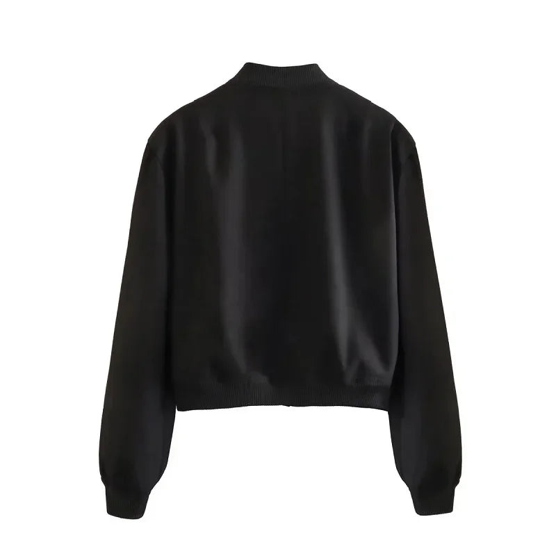 1PCS Woman Bomber Jacket Coat White Autumn Winter Button Baseball Aviator Cropped Jackets for Women Long Sleeve Crop Outerwear - ZOOMNSTORE