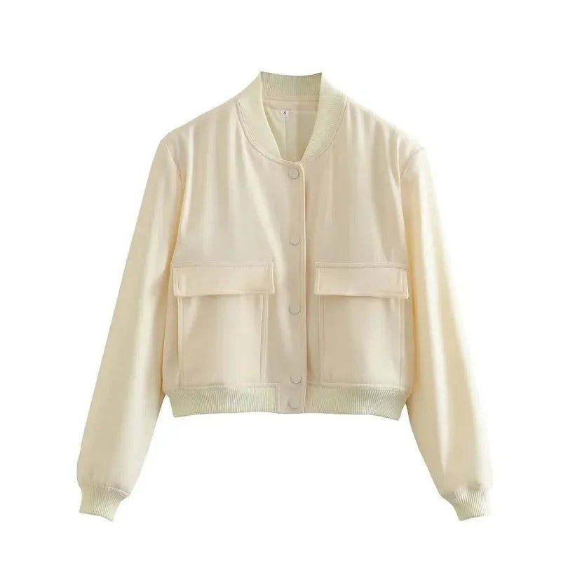 1PCS Woman Bomber Jacket Coat White Autumn Winter Button Baseball Aviator Cropped Jackets for Women Long Sleeve Crop Outerwear - ZOOMNSTORE