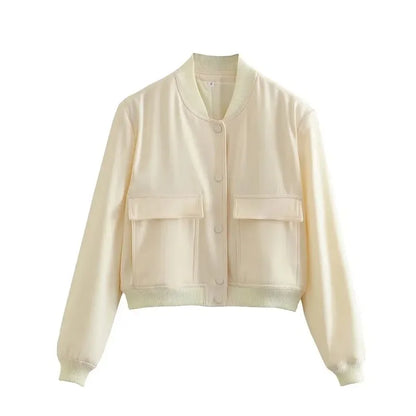 1PCS Woman Bomber Jacket Coat White Autumn Winter Button Baseball Aviator Cropped Jackets for Women Long Sleeve Crop Outerwear - ZOOMNSTORE