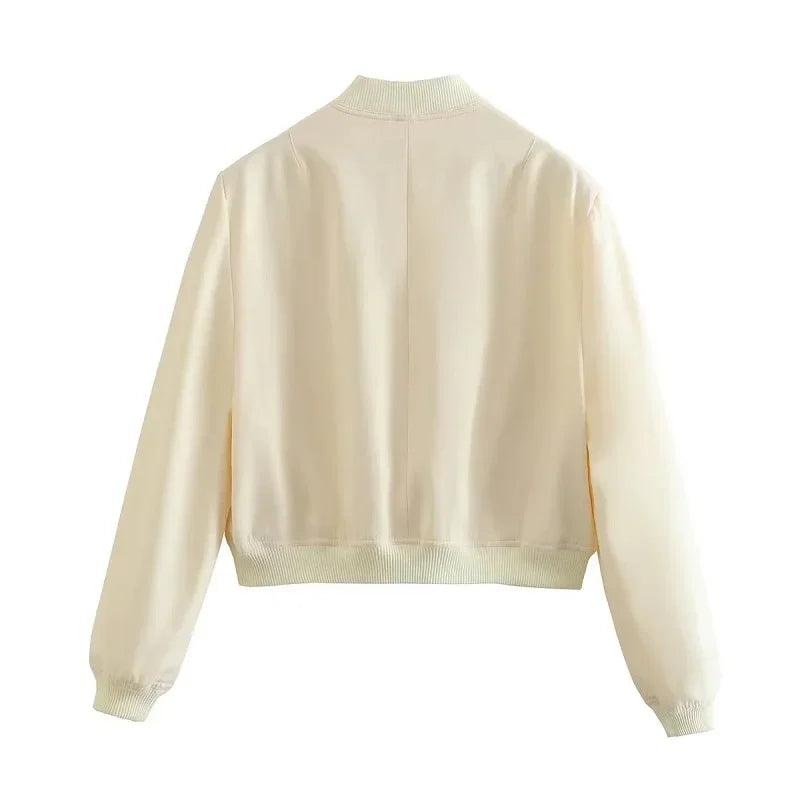 1PCS Woman Bomber Jacket Coat White Autumn Winter Button Baseball Aviator Cropped Jackets for Women Long Sleeve Crop Outerwear - ZOOMNSTORE