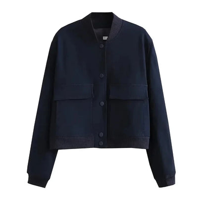 1PCS Woman Bomber Jacket Coat White Autumn Winter Button Baseball Aviator Cropped Jackets for Women Long Sleeve Crop Outerwear - ZOOMNSTORE