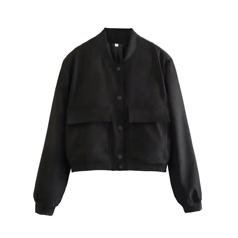 1PCS Woman Bomber Jacket Coat White Autumn Winter Button Baseball Aviator Cropped Jackets for Women Long Sleeve Crop Outerwear - ZOOMNSTORE