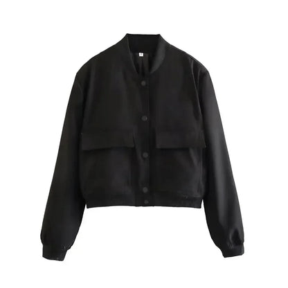 1PCS Woman Bomber Jacket Coat White Autumn Winter Button Baseball Aviator Cropped Jackets for Women Long Sleeve Crop Outerwear - ZOOMNSTORE