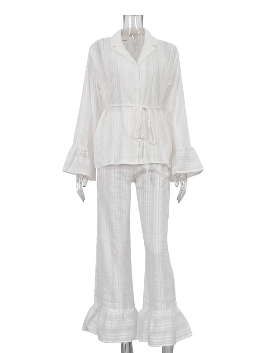 Marthaqiqiq Casual Women Nightgown 2 Piece Suit Long Sleeve Nightwear Turn-Down Collar Sleepwear Pants Loose Home Clothes Ladies - ZOOMNSTORE