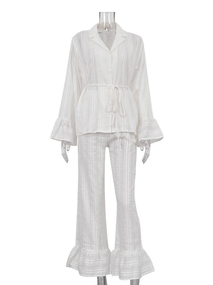 Marthaqiqiq Casual Women Nightgown 2 Piece Suit Long Sleeve Nightwear Turn-Down Collar Sleepwear Pants Loose Home Clothes Ladies - ZOOMNSTORE