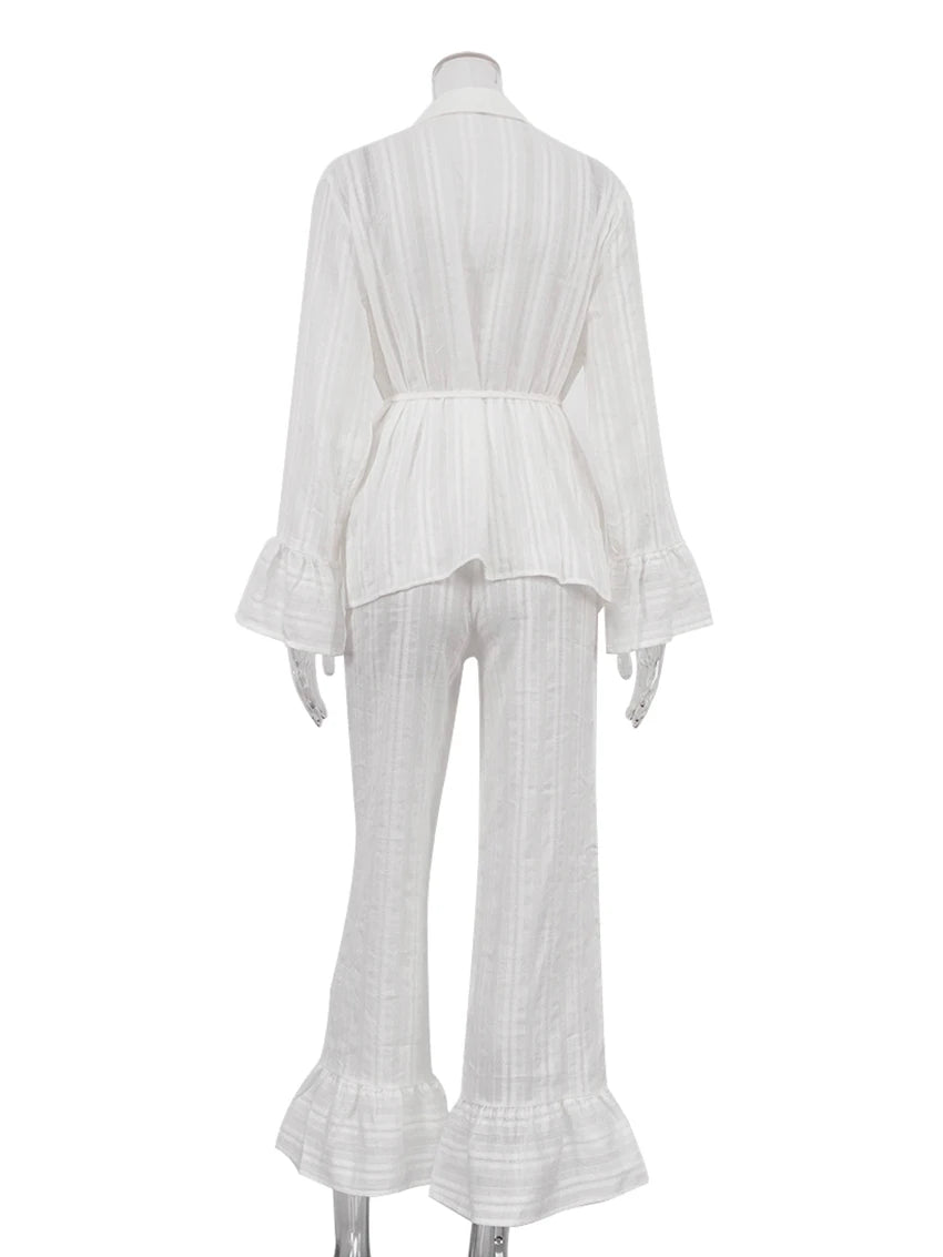 Marthaqiqiq Casual Women Nightgown 2 Piece Suit Long Sleeve Nightwear Turn-Down Collar Sleepwear Pants Loose Home Clothes Ladies - ZOOMNSTORE