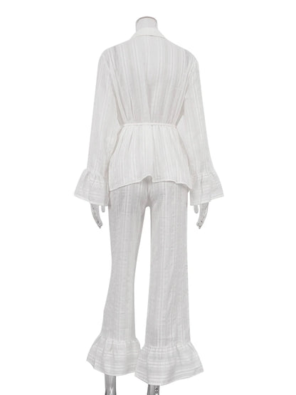 Marthaqiqiq Casual Women Nightgown 2 Piece Suit Long Sleeve Nightwear Turn-Down Collar Sleepwear Pants Loose Home Clothes Ladies - ZOOMNSTORE