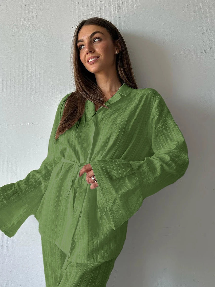 Marthaqiqiq Casual Women Nightgown 2 Piece Suit Long Sleeve Nightwear Turn-Down Collar Sleepwear Pants Loose Home Clothes Ladies - ZOOMNSTORE