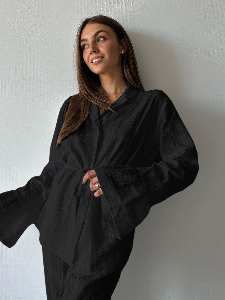 Marthaqiqiq Casual Women Nightgown 2 Piece Suit Long Sleeve Nightwear Turn-Down Collar Sleepwear Pants Loose Home Clothes Ladies - ZOOMNSTORE